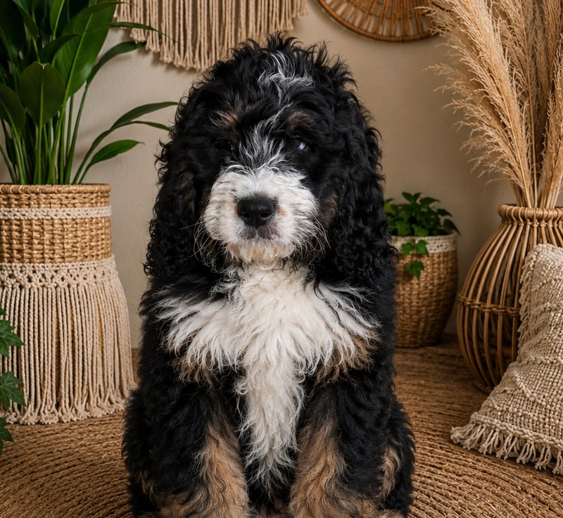 Anakin, a black and white Bernedoodle puppy, now sold