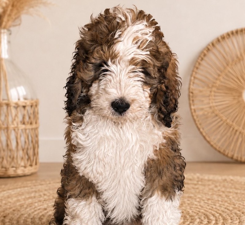 Ben, a brown and white Bernedoodle puppy