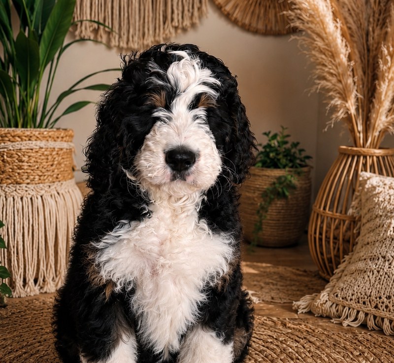 Chewy, a black and white Bernedoodle puppy