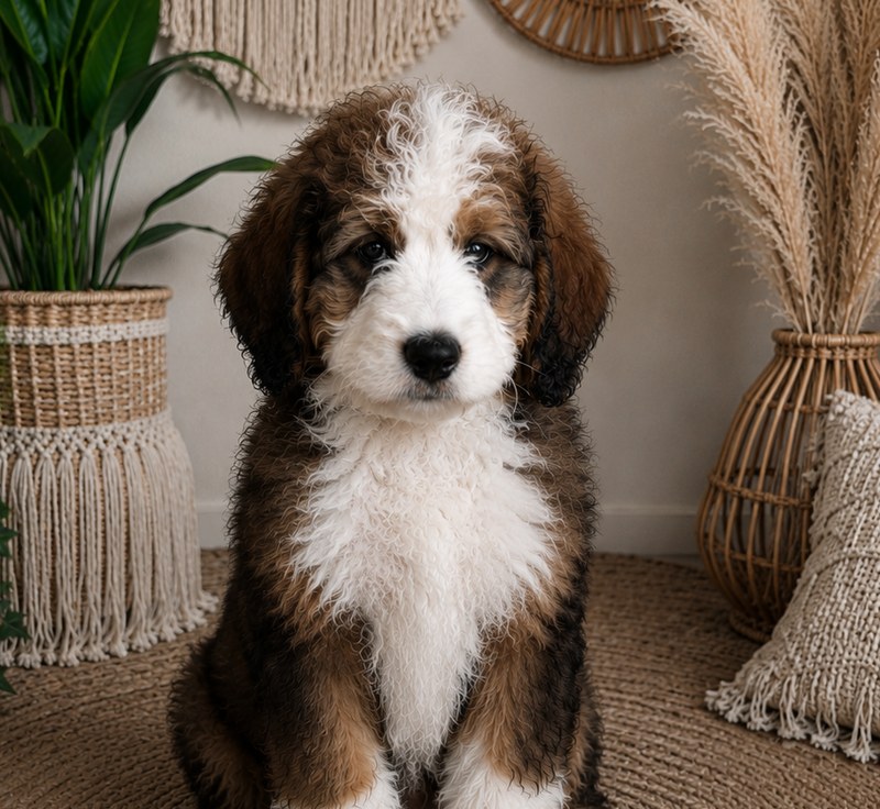 Padme, a tri-color Bernedoodle puppy